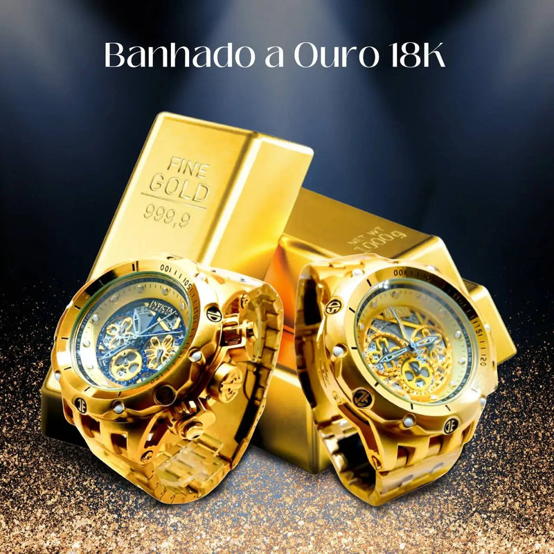 Relógio Invicta Venom Hybrid Masculino Funcional Banhado a Ouro 18K Potencializado Luxuoso A Prova D'água