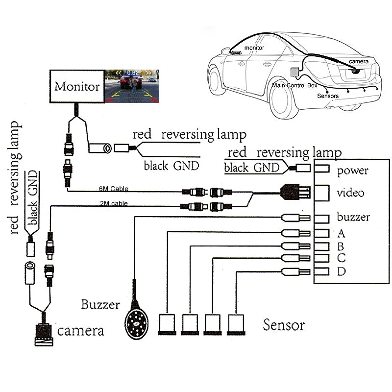 Camera  de ré Video, Car Reverse, campainha traseira, Display Imagem e Som Alerta, 4 Sensores