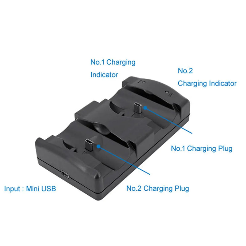 Carregador sem fio duplo para PS3 e PS Move, preto, luz vermelha durante o carregamento, carregador USB, controladores 5