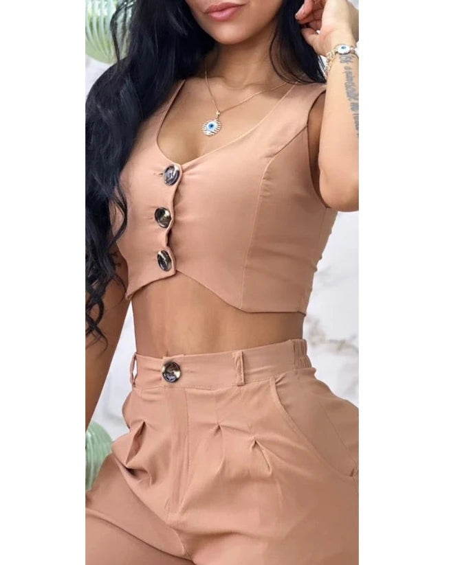 Conjunto de roupa feminina de duas peças, colete abotoado, casaco sexy, calça de perna larga, terno casual elegante feminino, nova moda, 2024