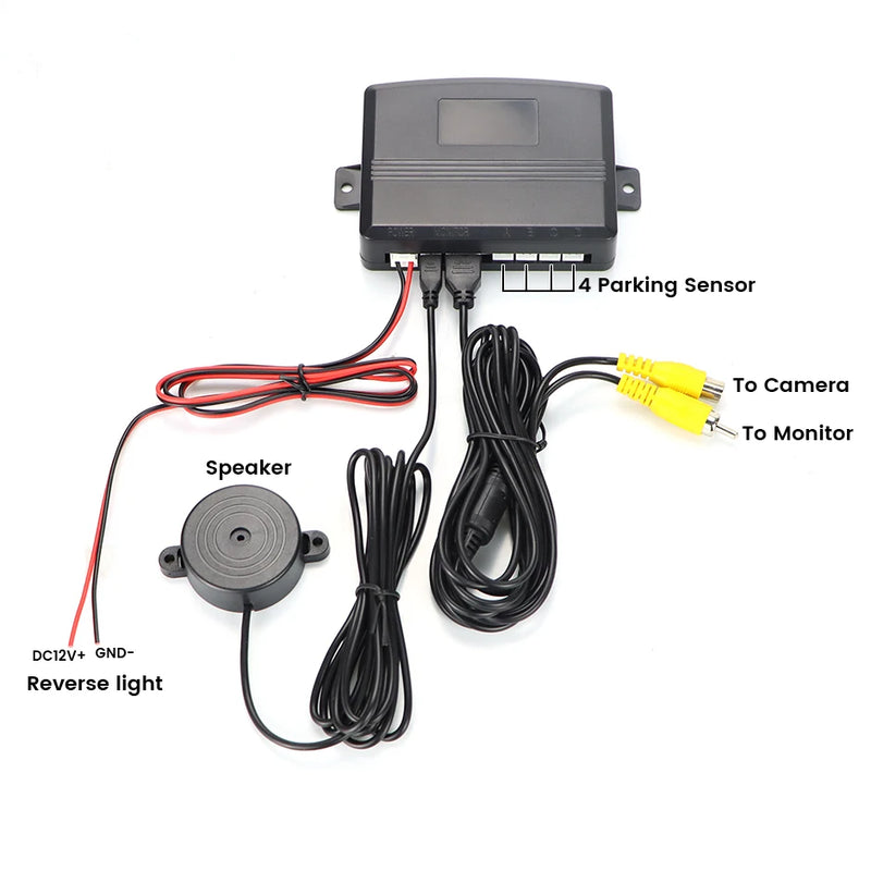 Camera  de ré Video, Car Reverse, campainha traseira, Display Imagem e Som Alerta, 4 Sensores